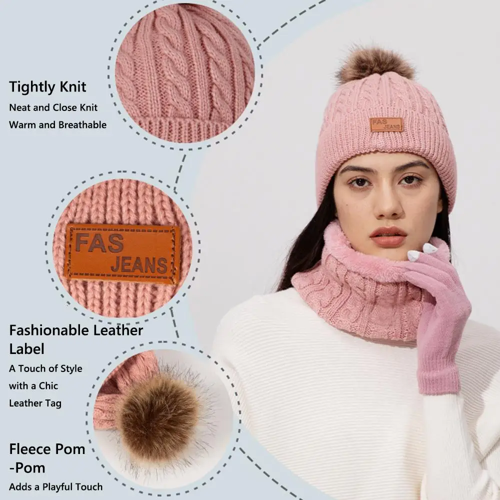 Set Sarung Tangan Syal Beanie Wanita Musim Dingin Korea Sarung Tangan Layar Sentuh Rajutan Hangat Penghangat Leher Cuaca Dingin Tebal
