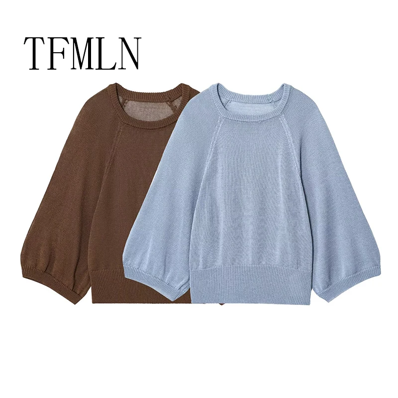 

TFMLN осенний женский модный однотонный вязаный пуловер, свитер, женский винтажный шикарный женский топ с круглым вырезом и длинными рукавами