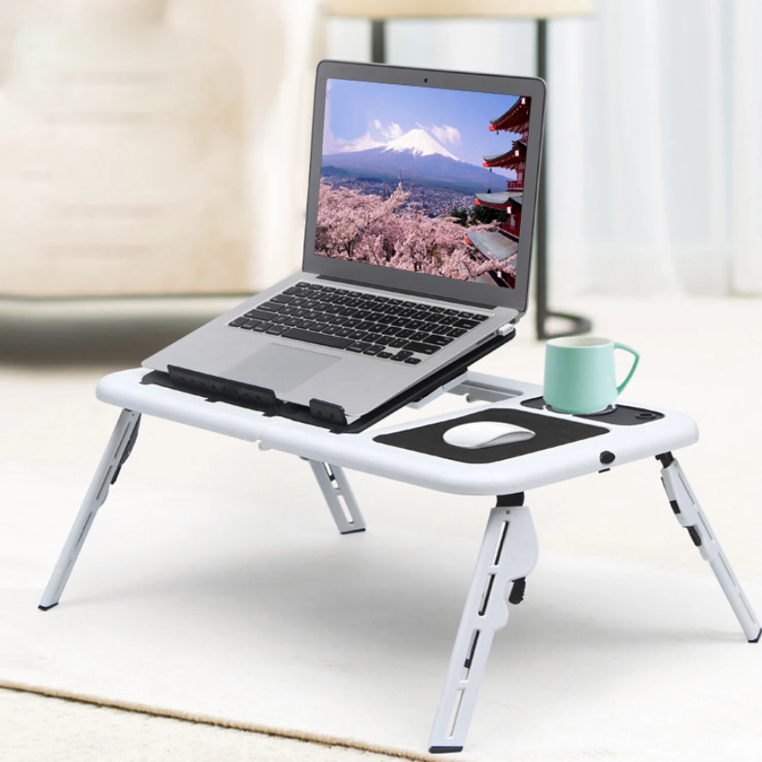 Besegad Portable Folding Adjustable Laptop Table Bed Table Tray USB Notebook PC Table Stand with 2 Cooling Fans Mouse Cup Holder