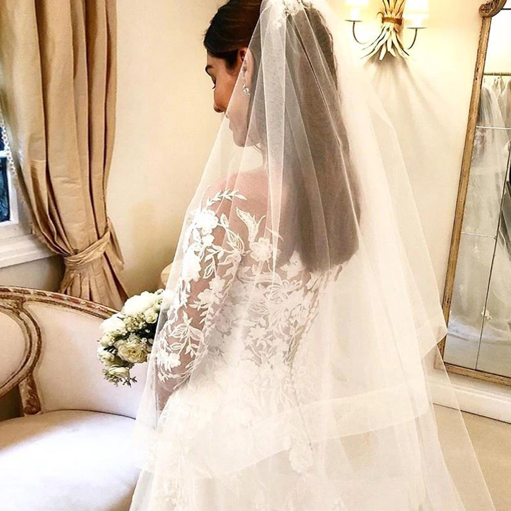 Appliques Lace Wedding Dresses Tulle A Line Three Quarter Sleeves Bridal Gowns Embroidery Elegant Robe De Mariee Custom Made