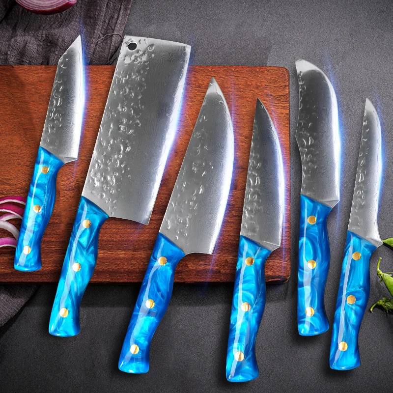 

6-8 Inch Damascus Steel Chef Bread Santoku Utility Knife Handmade Blue Resin Handle Slicing Boning Cleaver Kitchen Knife Tools