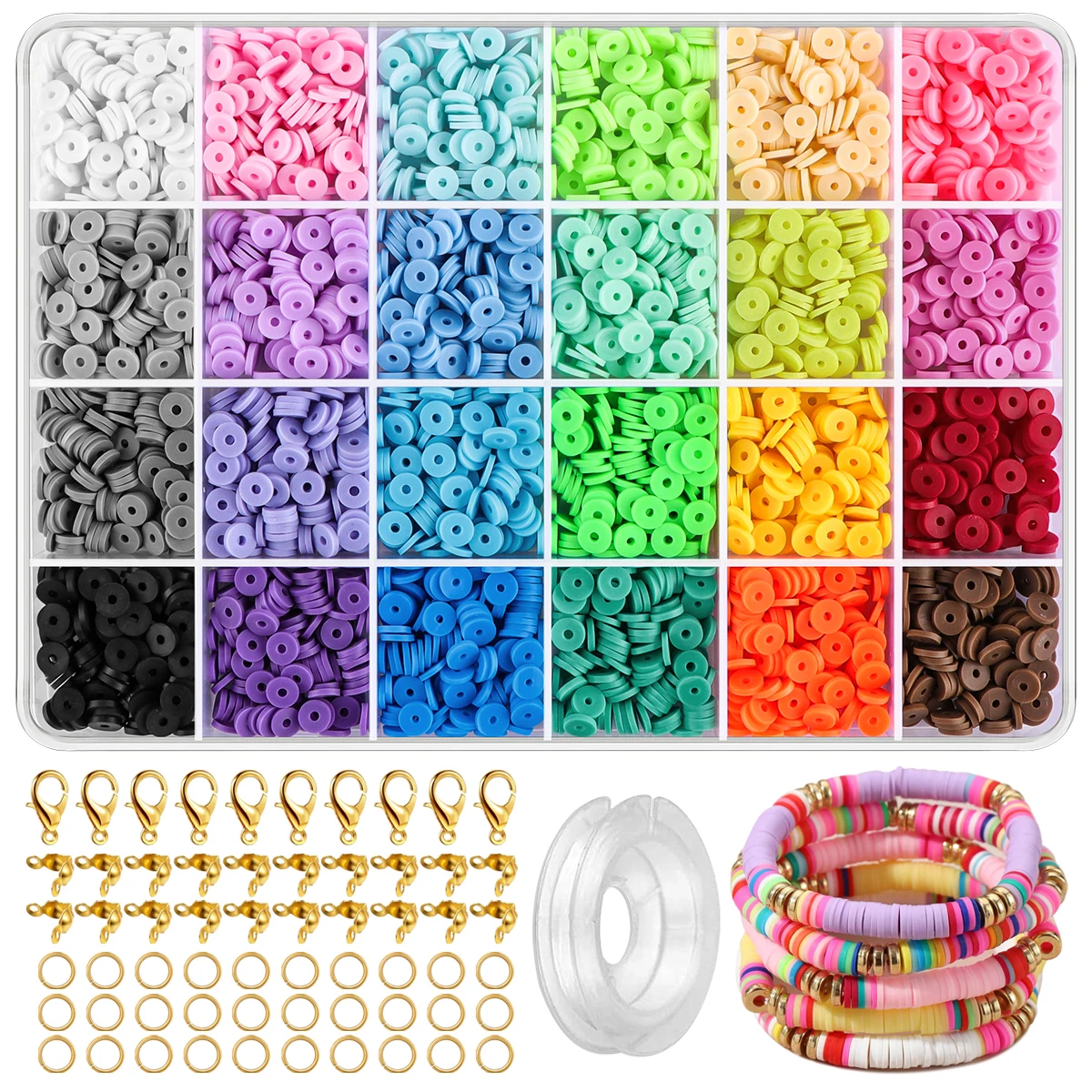 Kit de herramientas para pulsera de arcilla polimérica, set de 24 colores de arcilla polimérica que se puede combinar libremente con tu propia pulsera hecha a mano, 2400 piezas