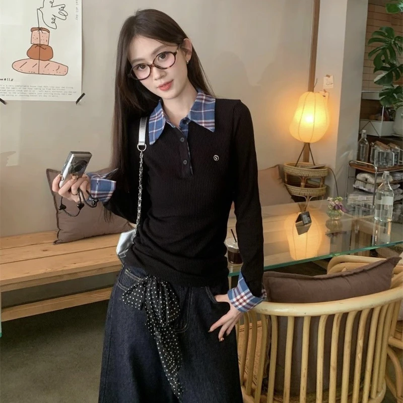 

Polo Neck Plaid Patchwork Embroidery T-Shirts Spring Autumn Fake Two-piece Slim High Street Tops Fashion Casual Women Clothing