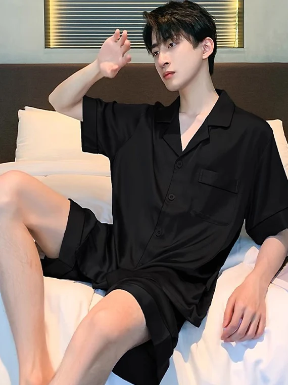 

DAIMELU Ice silk pajamas men's Plus Size teen thin short-sleeved summer black ice and snow silk large-size outer loungewear set