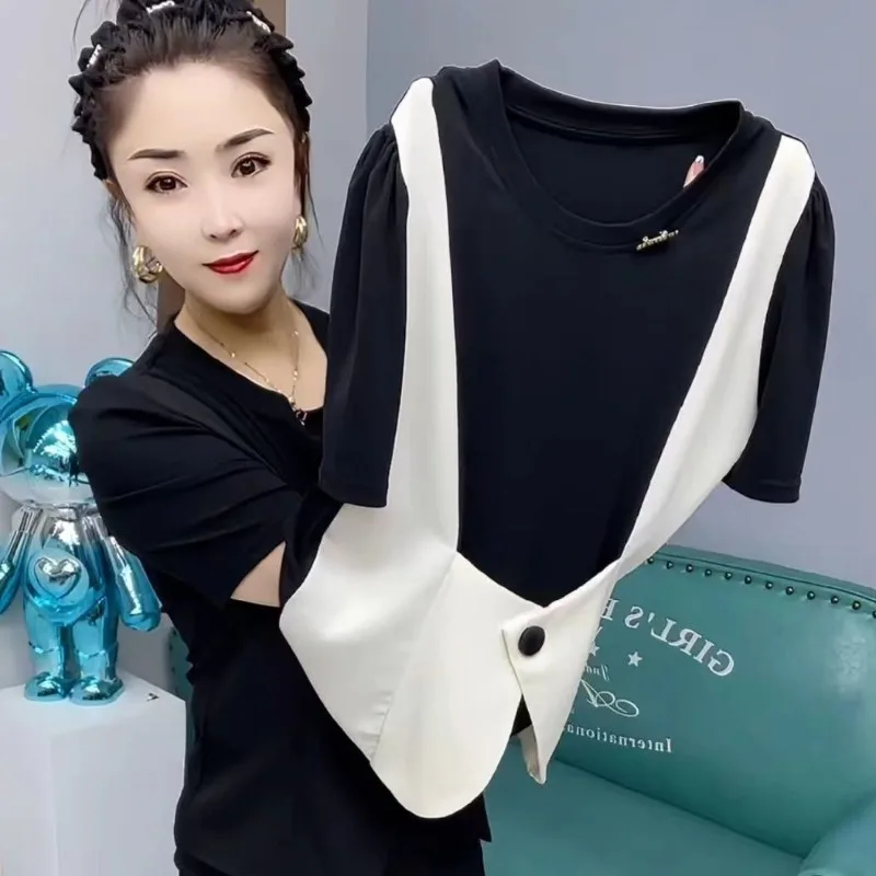 気質スリムフィットオフィスレディサマーブラウス白黒 U ベストパッチ偽 2 ピース Tシャツコントラストカラーエレガントなシャツ 2025