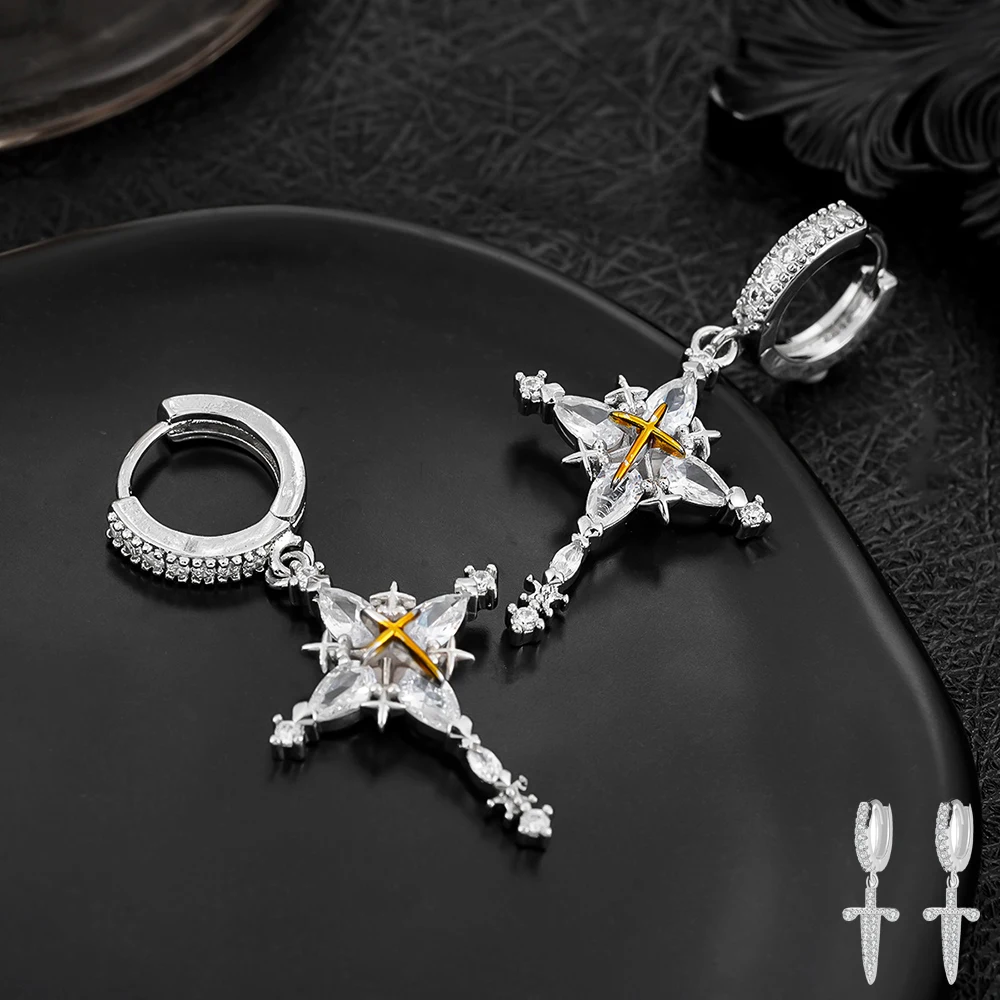 1PC Hip Hop Earrings Style Silver Color Snowflake Cross Earrings Men Zircon Personalized Daily Fashion Ear Clips Jewelry Gift
