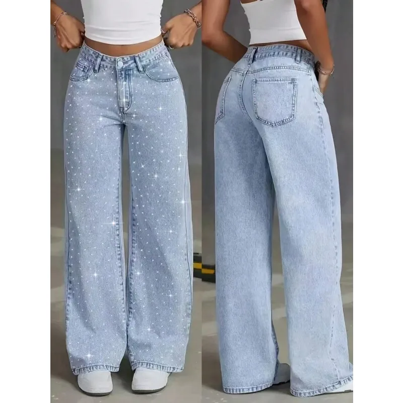 

2026 Women's Starry Rhinestone Embellished Wide Leg Jeans Casual Black Spring