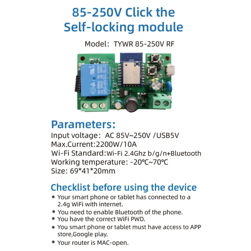 Tuya-Wifi付きワイヤレススマートスイッチ,リレーモジュール,Rfレシーバー,7-32v dc 85-250v,2200w,10a,diy