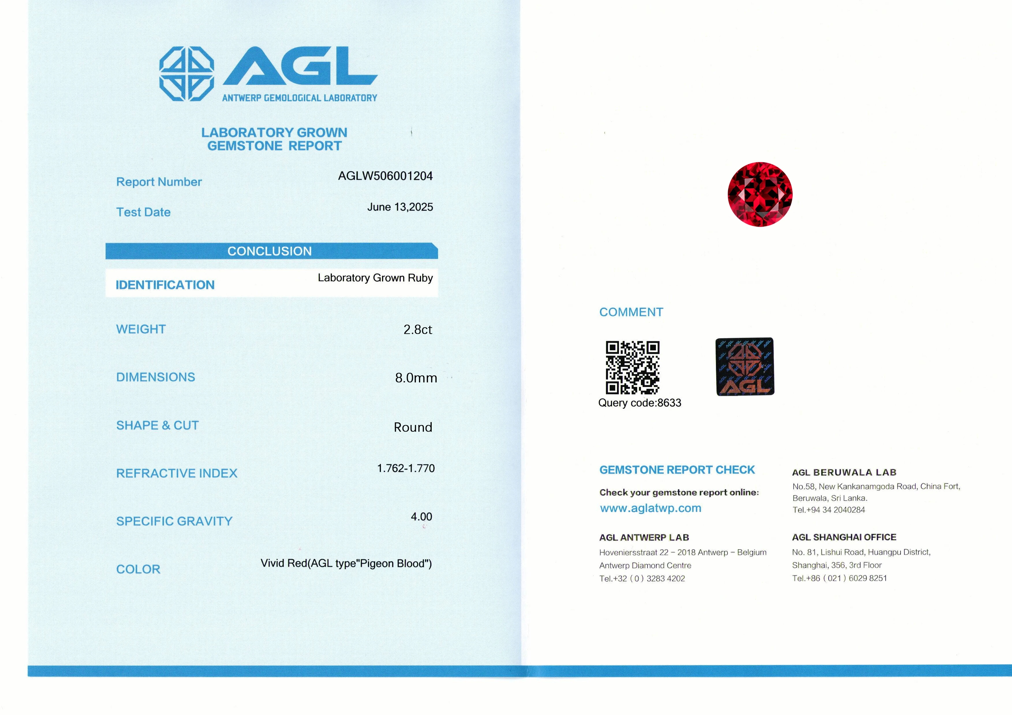 Top Round Shape Pigeon Blood Lab Grown Ruby Loose Gemstones with AGL Certificate
