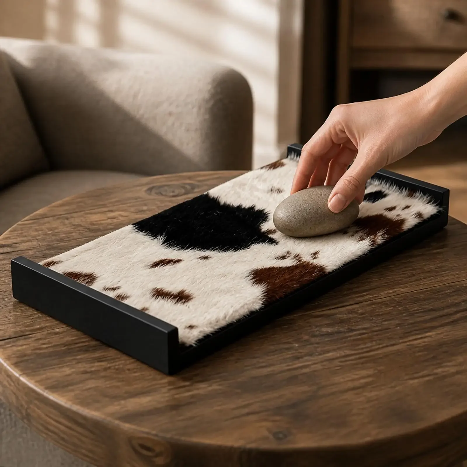 Furry Cowhide Pattern Wood Leather Decorative Storage Tray Rectangular Low Profile Design for Coffee Table Ottoman Sideboard