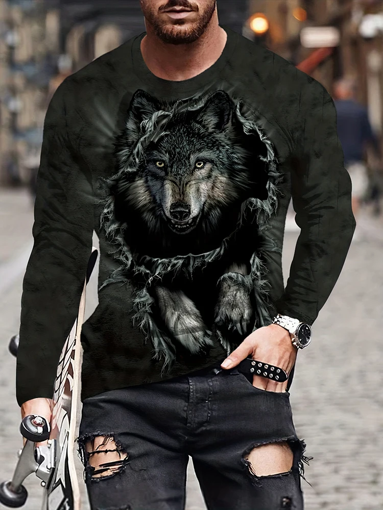 Vintage Printed T Shirt 3D Coyote T Shirt American Long Sleeve Round Neck Cotton Tribal Top Oversized Men\'s Fall Clothing