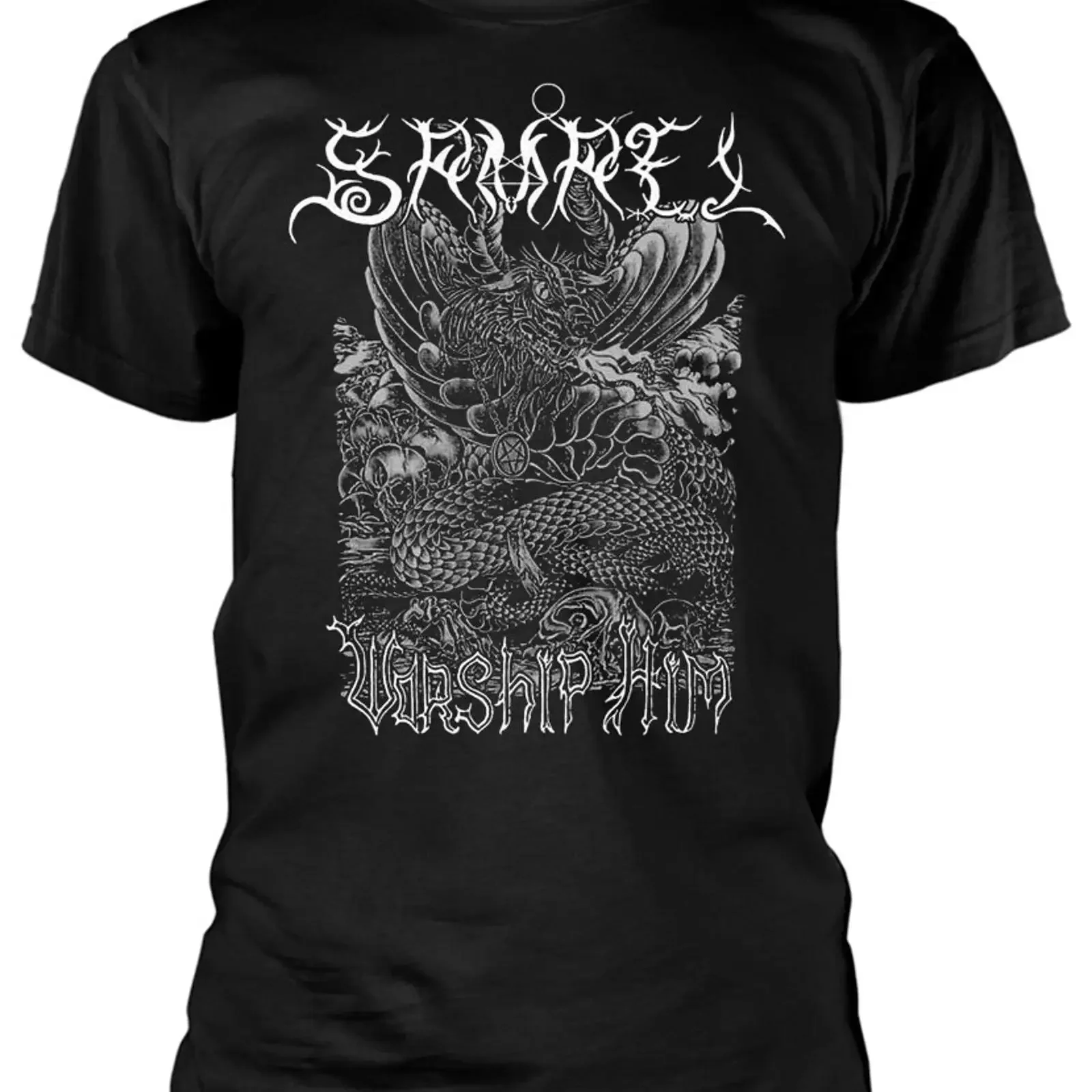 Samael Worship Him Schwarzes T-Shirt NEU OFFIZIELL Vintage Washed Leicht lässig Bequem mit Grafik Vielseitige Streetwear