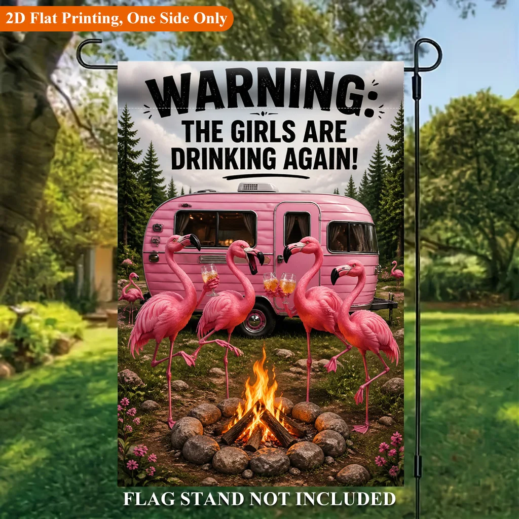 2D Flat Garden Flag 1piece, Flamingo Drinking Bonfire Scene Single-sided Polyester Garden Flag, Holiday Garden Outdoor Flag, Suitable for Outdoor Home and Garden Holiday Decoration, Valentine's Day, Mother's Day, Easter, Christmas, Thanksgiving, Halloween