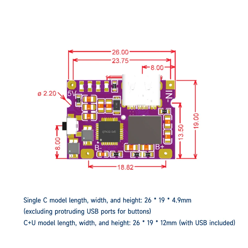 Mini Type-C power bank mainboard with 3A charging and discharging module, capable of charging mobile phones from 5V to 4.2V
