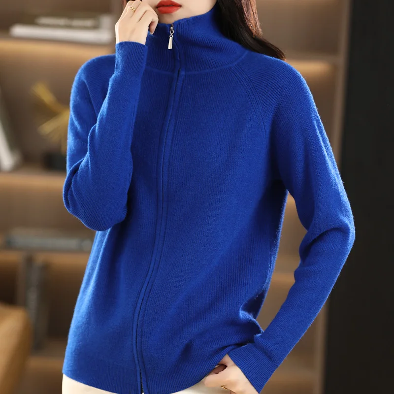 Autunno inverno nuove donne maglione di lana abbigliamento doppia cerniera inferiore risvolto Cardigan moda femminile Casual lavorato a maglia top