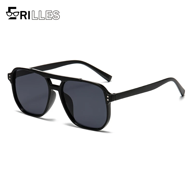 Double Bridge Pilotensonnenbrille, quadratischer Vintage-Rahmen mit UV400-Schutz, Nietendetails aus Metall, Retro-Sonnenbrille für Herren