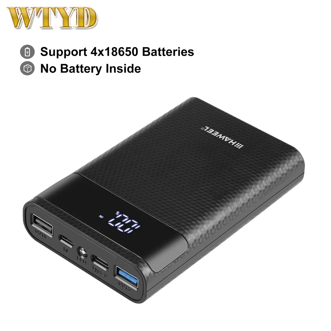 HAWEEL Power Bank Shell Box DIY 4x 18650 Battery (Not Included) 12000mAh Dual-way QC Charger with 2x USB Output & Display