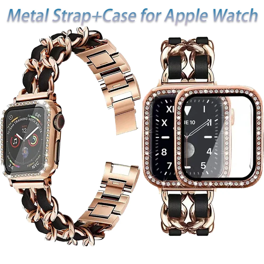 Металлический ремешок + чехол для Apple Watch Band 10 46 мм 42 мм Защитный стеклянный чехол iWatch 9 8 7 6 5 4 SE 45 мм 41 мм 44 мм 40 мм Корреа Shell