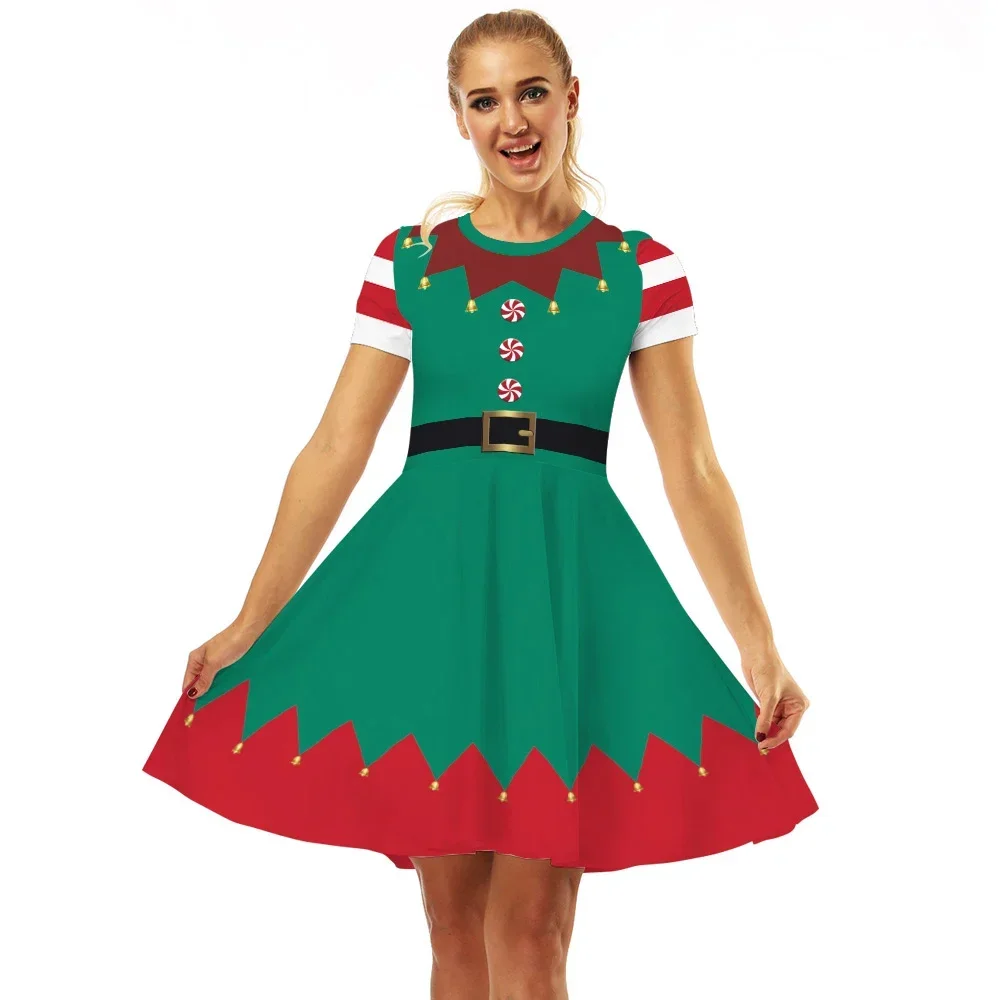 Christmas Dress for Women Green Xmas Tree Printed Women Dress Party Santa Cosplay Costume Disguise Adult Clothing Dress Up