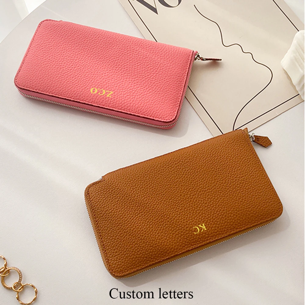 Luxury Design Women Long Wallet 100% Genuine Leather Custom Name Letters Female Purse Clutch Bag Large Travel Card Holder Wallet