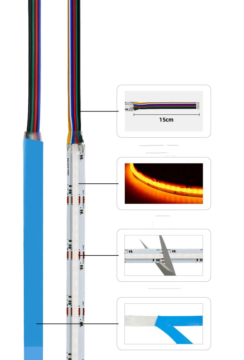 5M DC24V RGBWC COB Strip LED RGBCCT 5 In 1 840LED/M Kecerahan Tinggi COB Suasana Lampu Warna-warni Pita Lampu Fleksibel 12Mm PCB