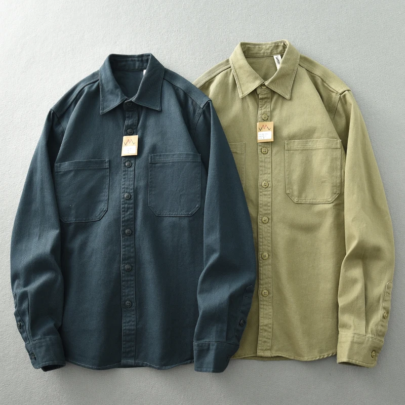 

Heavyweight Retro Men's Shirt Long Sleeve Simple Casual Wear Washed Twill Cargo Tops Oversized Shirtcoat Cotton Clothing Loose