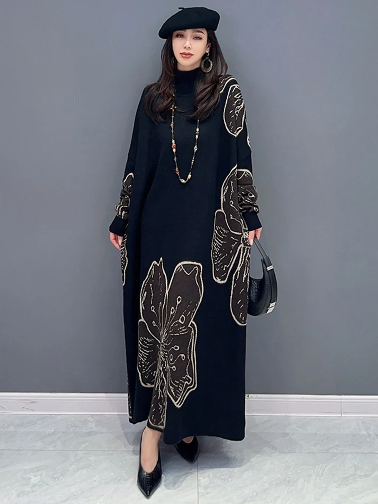 SHENGPALAE Fashion Printed Knit Dress For Women Temperament Turtleneck Contrast Color Loose Robe Vestido Autumn 2024 New 5R6711