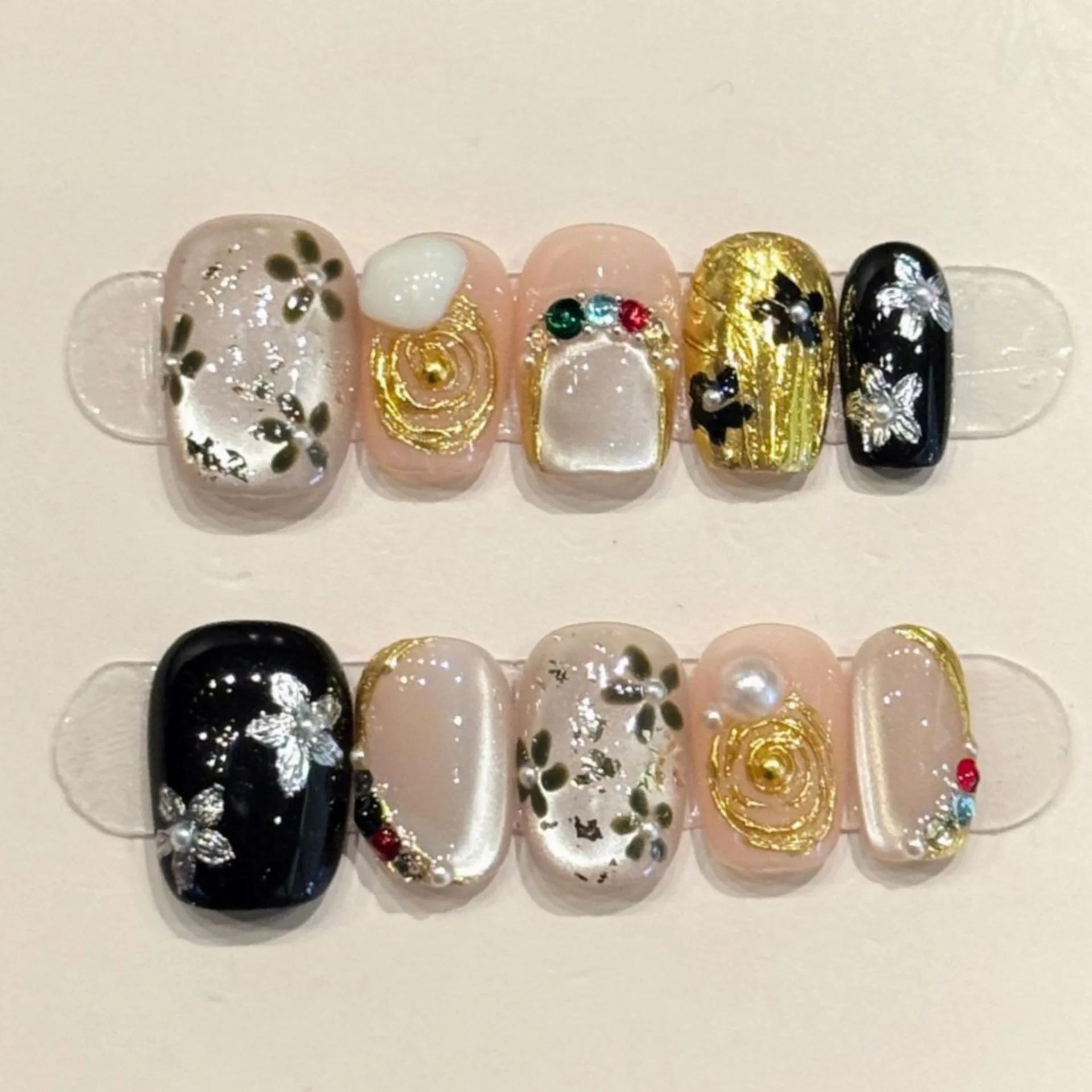 10개 블루 캣츠아이 수제 인조 손톱 아트 완성형 오로라 짧은 스퀘어 라운드 페이크 네일 팁 행성 디자인 프레스온 네일