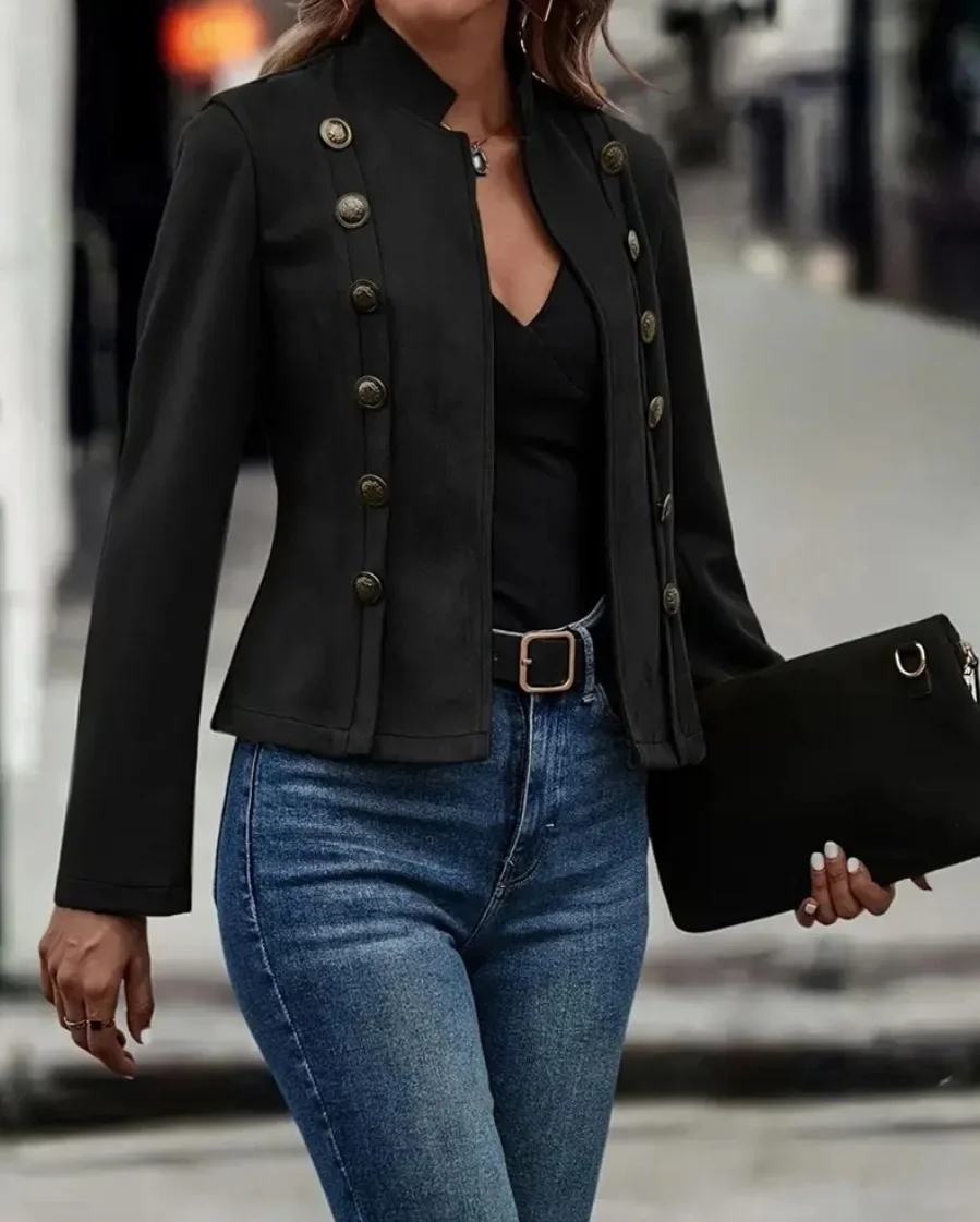 Damen-Blazer mit Stehkragen, offener Front, doppelter Knopfleiste auf beiden Seiten, langen Ärmeln für den täglichen Freizeitgebrauch. – Detail 13