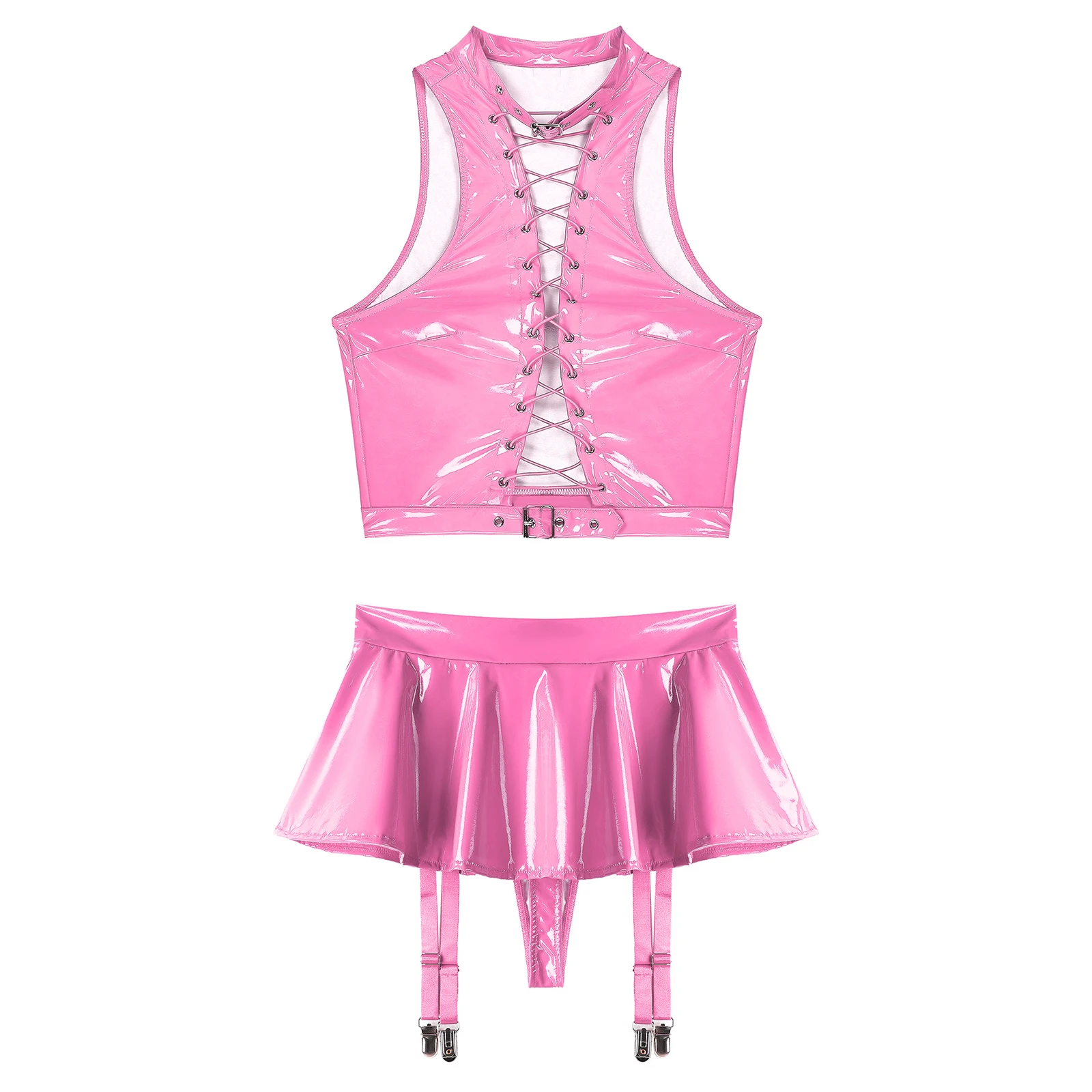 Women Two Piece Glossy Latex Tempting 2-piece Nightwear Cropped Tops with Flared Minskirt Nightwear Disco Pole Dance Suit