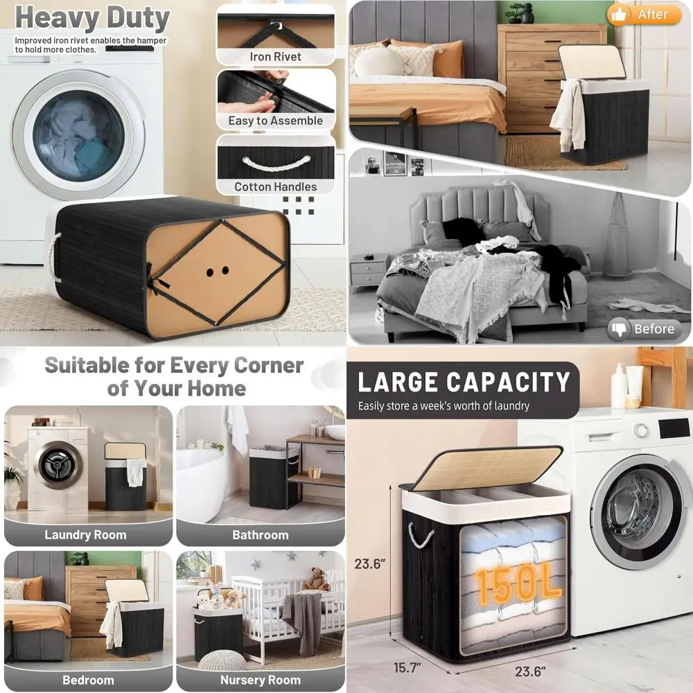 

Large 150L 3-Section Laundry Hamper with Lid and Handles, Collapsible Bamboo Basket for Bedroom, Bathroom, Dorm, Black