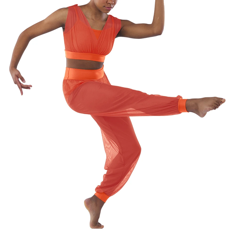 MiDee Costume de danse moderne haut court pour filles enfants pantalon à jambes larges en maille avec Costume attaché en Lycra tenues de danse lyrique femmes
