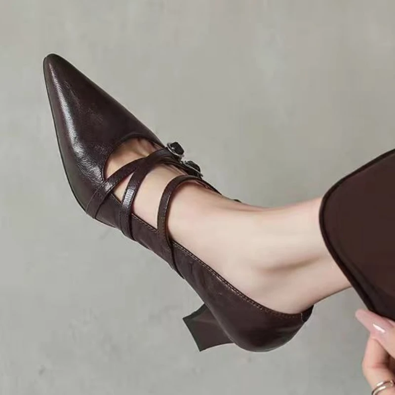 Vintage Pointed Toe Cross Buckle Women  Fashion Shallow  2026 Spring Autumn Stripper Party Pumps Shoes