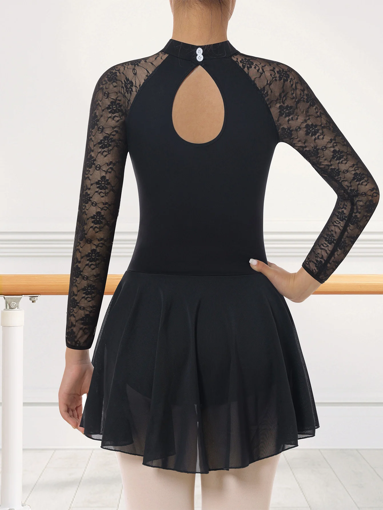 黒のダンスレオタード,長袖,レースのバレエドレス,水滴の形,体操服