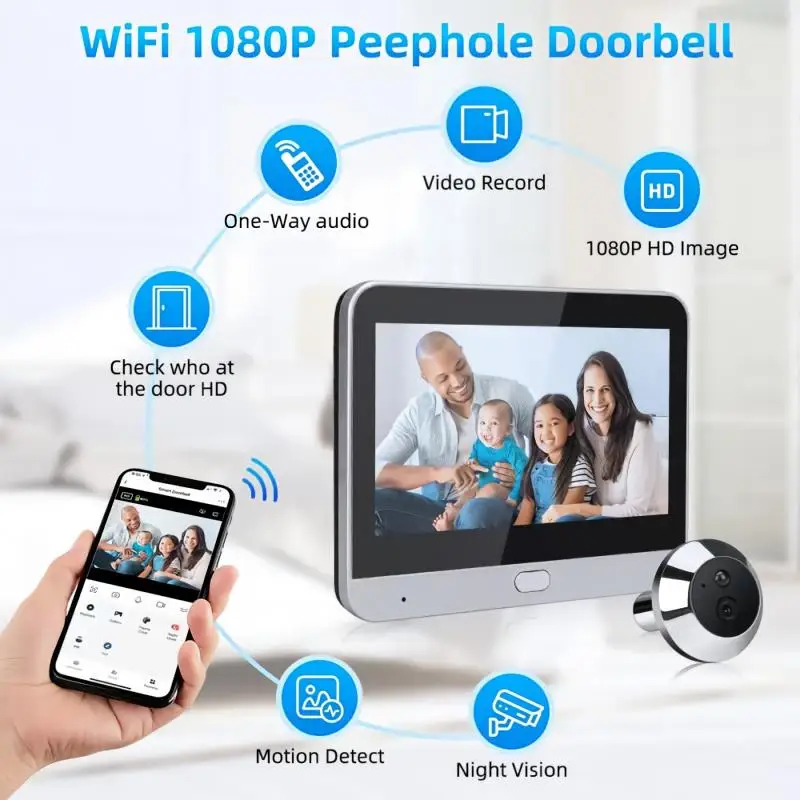 Cámara Inteligente para Mirilla de Puerta Tuya, Mini, 3MP HD 140 ° Cámara de timbre con WiFi de ángulo amplio, visión nocturna por infrarrojos, detección de movimiento humano PIR, Su