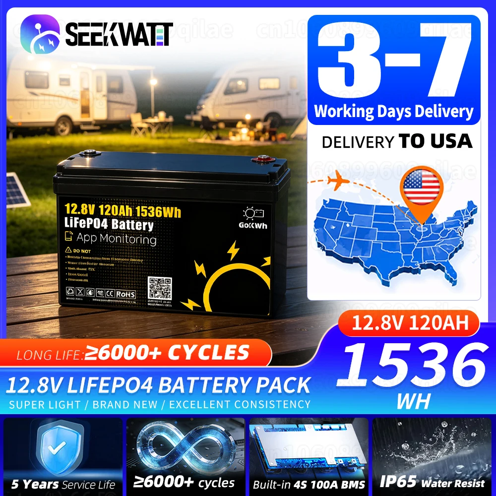 BT Function 12V 120Ah LiFePO4 Battery Pack Grade A 12.8V 1536Wh Lithium Iron Phosphate Rechargeable Cell For 24V 48V RV Golf Cart Solar