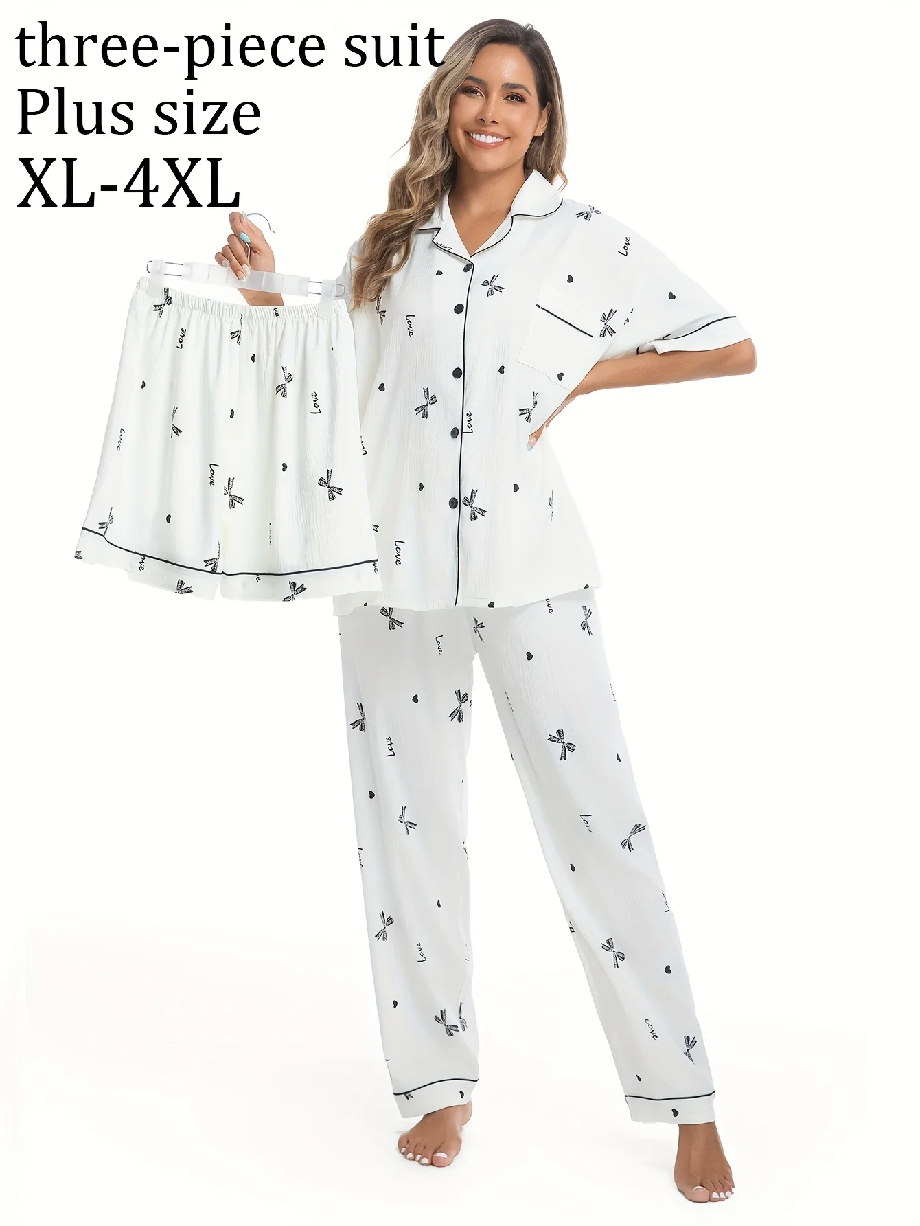 طقم بيجامة صيفية للسيدات مكون من ثلاث قطع، ملابس منزلية بأكمام قصيرة، بدلة قصيرة الطول ناعمة وقابلة للتنفس #1