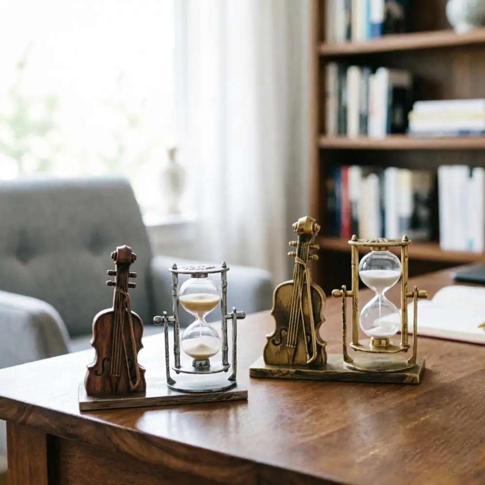 Retro Bronze Silver Finish Hourglasses Reversible Calming Sand Timer Desk Ornament Violin Sand Hourglass for Home Birthday Gift