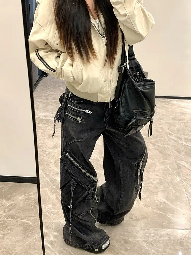 Celana Jeans Baggy Kargo Hitam Wanita Garis Y2K American High Street Harajuku Estetika Desain Vintage Celana Jeans Kaki Lebar Pakaian