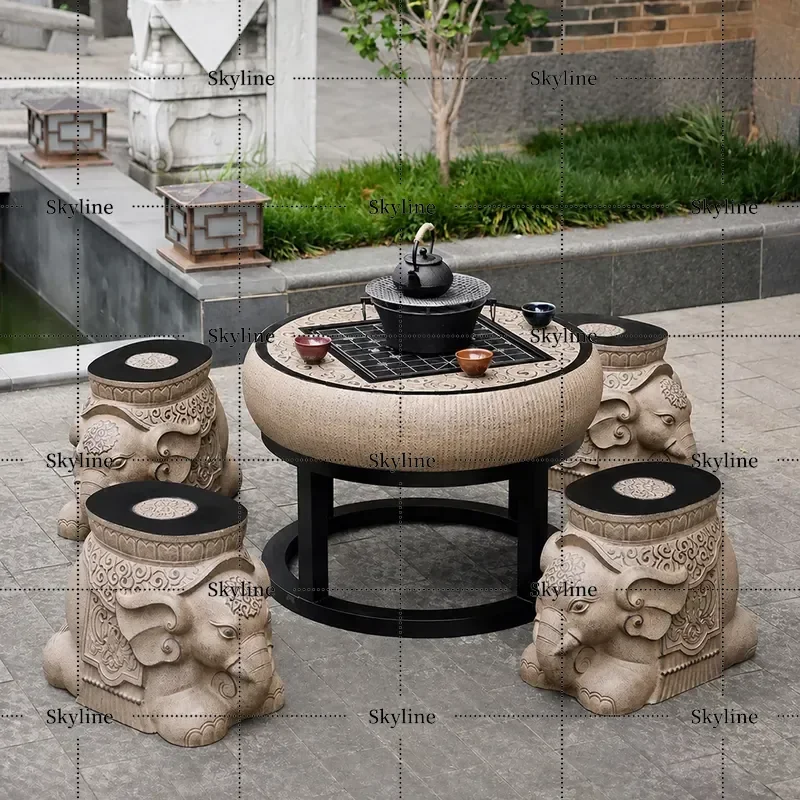 Outdoor Garden Courtyard Stone Table Chair Set Imitation Elephant Stool Balcony Terrace Patio Furniture