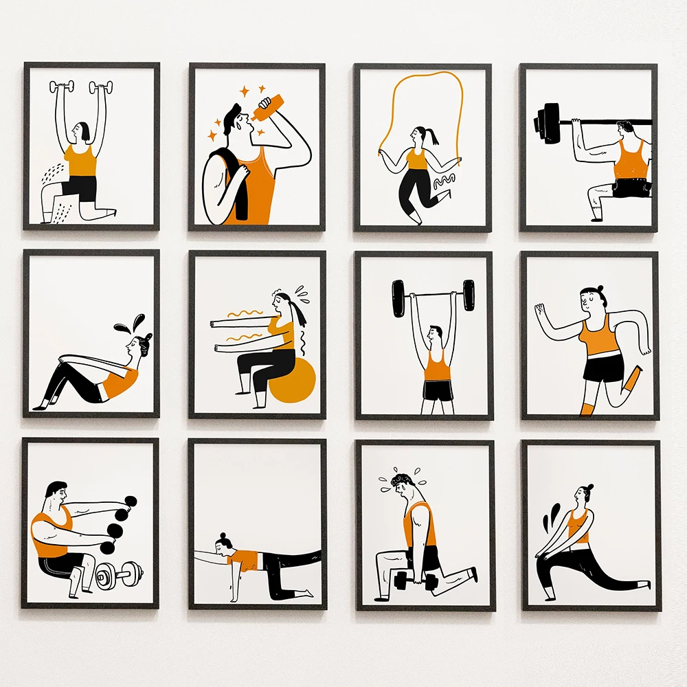 Fitness Gallery Wall Art Print Cartoon Gym illustration Poster Physical Education Canvas Painting Sports Athletic Wall Decor