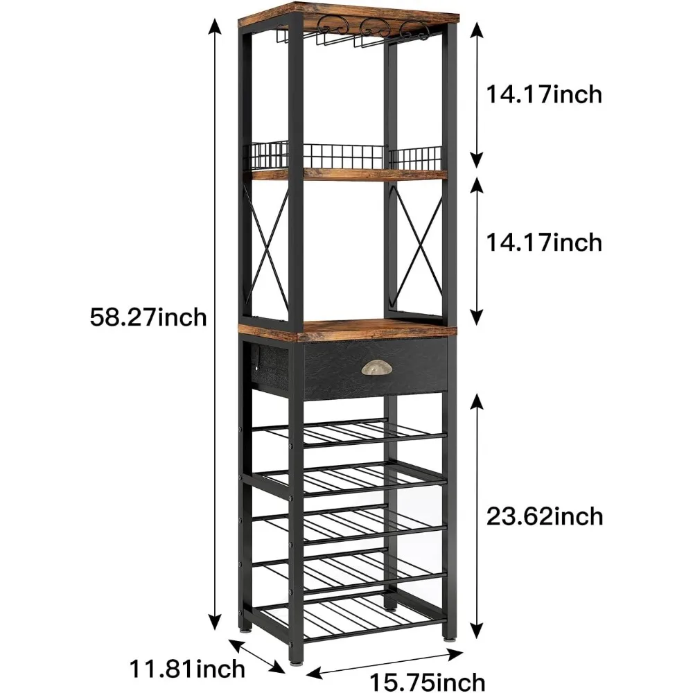 Armário de bar autônomo para vinho, para licores e copos, armário de bar de 4 camadas com gaveta de armazenamento de mesa e armazenamento de vinho