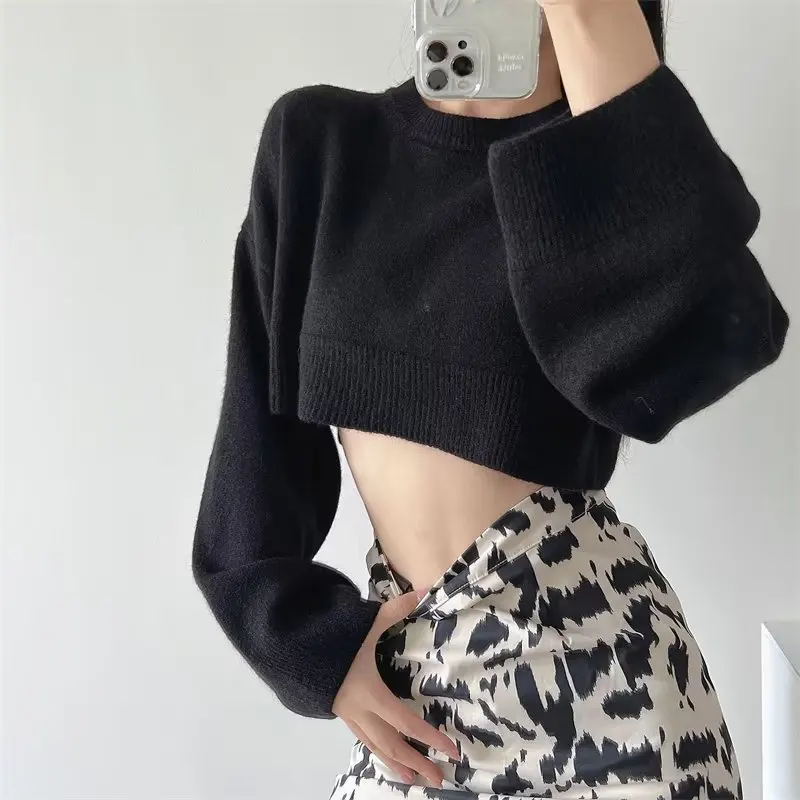 High-waisted Short Sweater for Women Korean Style Autumn Winter Solid Color Knitwear Loose Long-sleeved Tops Warm Clothing