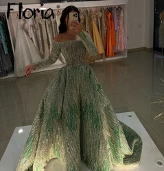 Luxury Pale Green A Line Glitter Beaded Prom Dresses Dubai Off Shoulder Boat Neck Court Train Formal Evening Dress for Wedding