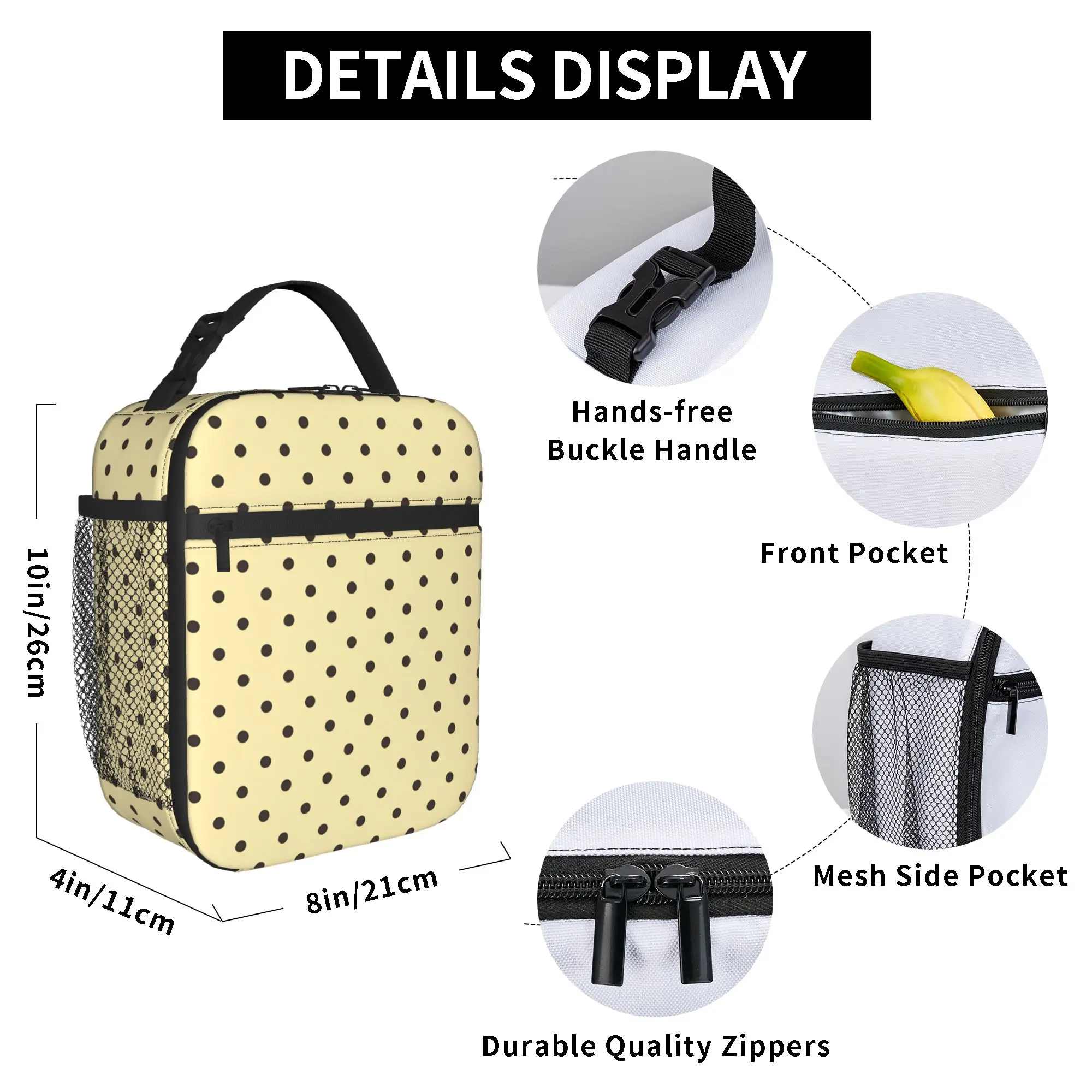 Lunch Bag Cream Black Polka Dot School Lunch Box For Women  Casual Portable Graphic Cooler Bag
