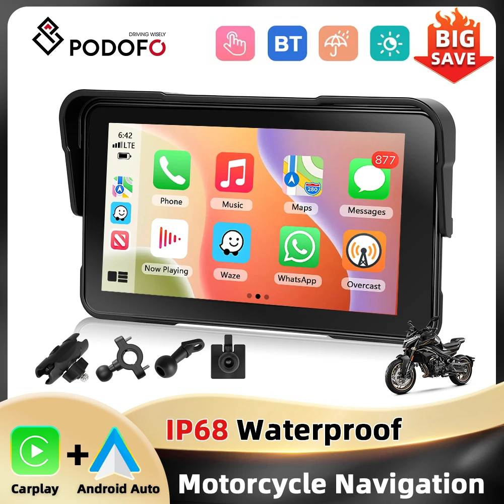 Podofo Moniteur Moto 5'' Carplay Android Auto Écran Intelligent BT Étanche IP68 Réglage de la Luminosité Lecteur Moto