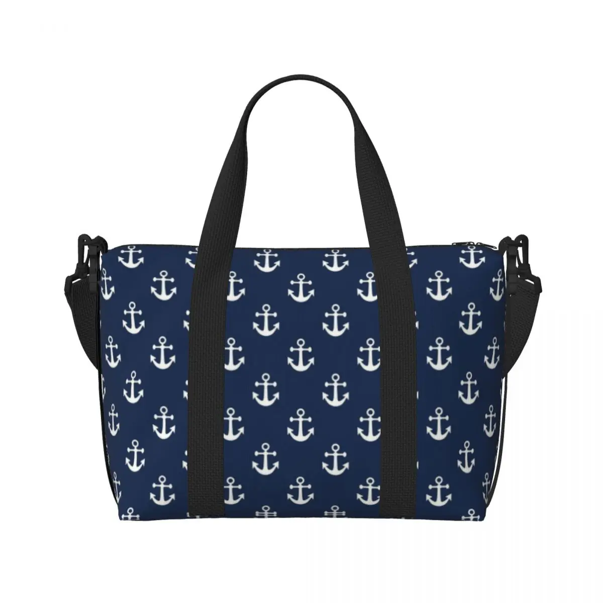 Custom Large Navy Blue Nautical Anchor Tote Bag for Women Shopper Shoulder Beach Gym Travel Bag