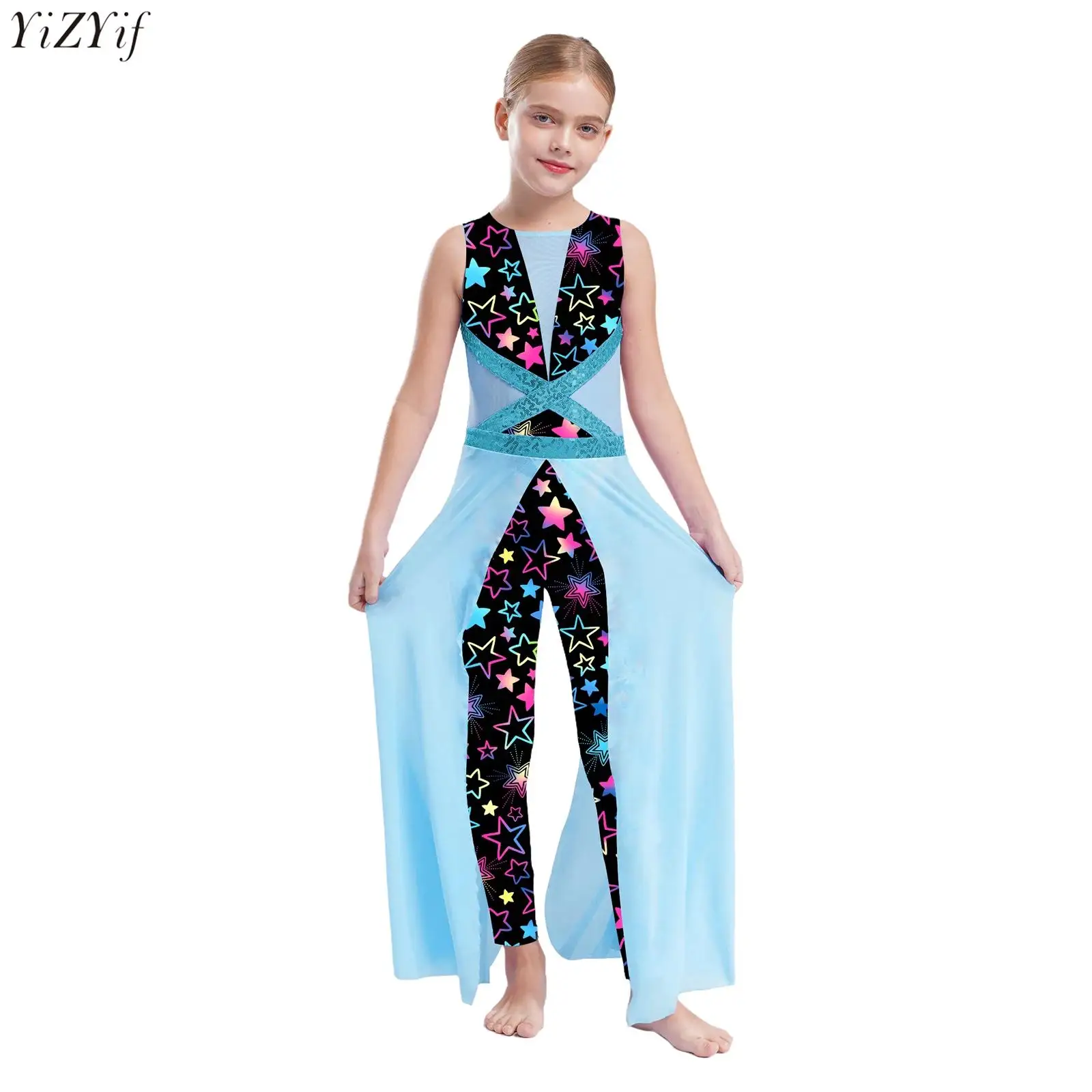 

Kids Girls Gymnastics Jumpsuit Sleeveless Printed Leotard Mesh Split Skirted Bodysuit Ballet Lyrical Dance Performance Costume