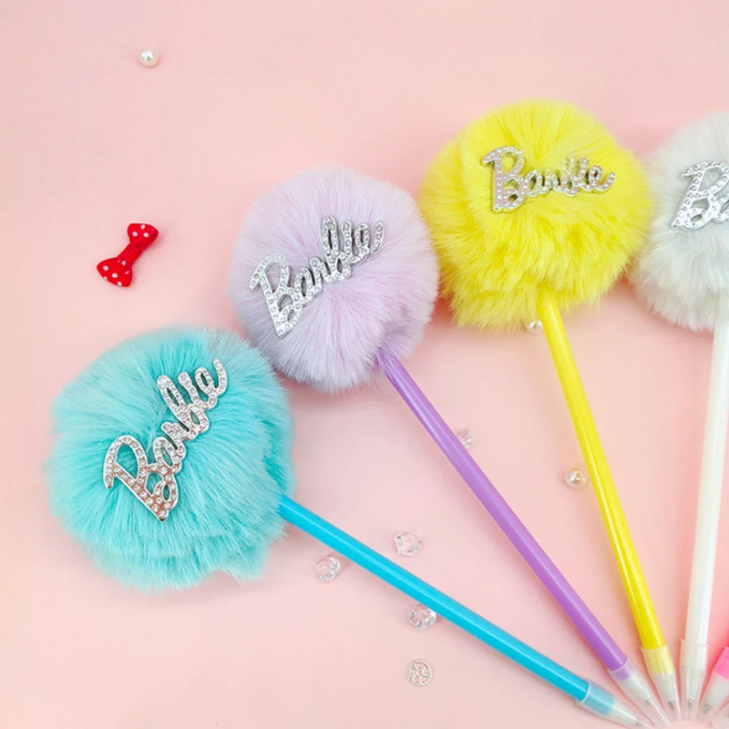 Kawaii Barbie Colorful plush ball Gel Pen Cartoon Neutral Pencil Hairball Signature Pen Girl Student Stationery Christmas gift