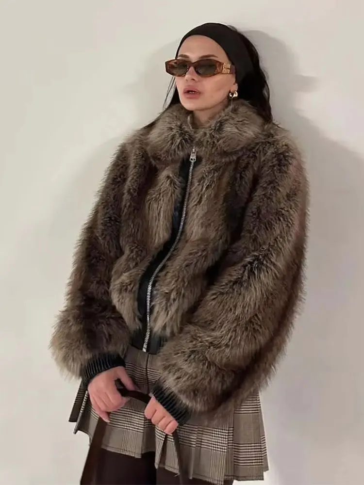 

HH Women Fashion Solid Faux Fur Overcoats Jackets Lapel Long Sleeve Zipper Coat With Pockets Woman Winter Thick Warm Outerwear